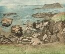 Rock Strata Looking out from a clifftop to a rocky bay. In the distance there is a lighthouse on an island"