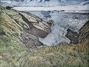 looking out to sea with rocks sloping to the left and right, covered partly in grass.  Forground isgrassy