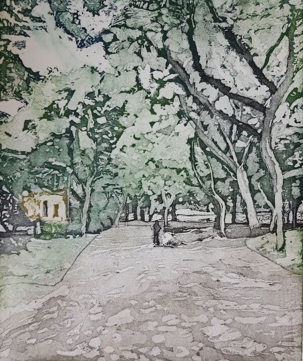 pathway with someone on it to the middle of the picture.  The path is surrounded by trees making dappled shadows.  Building to the left