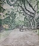 pathway with someone on it to the middle of the picture.  The path is surrounded by trees making dappled shadows.  Building to the left