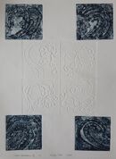 Eight squares, four are an inky blue 4 white on white each showing an abstract of a wave.