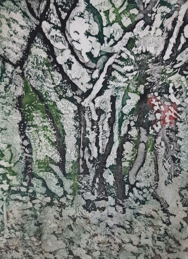 greens and blacks depicting tree shapes with leaves and undergrowth. A bit abstract