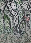greens and blacks depicting tree shapes with leaves and undergrowth. A bit abstract
