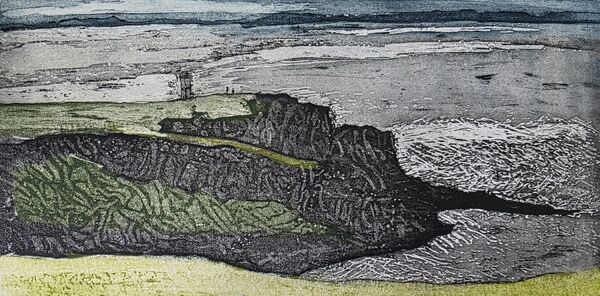 a rock peninsula with a tower in a grey sea with rocky islands in the background