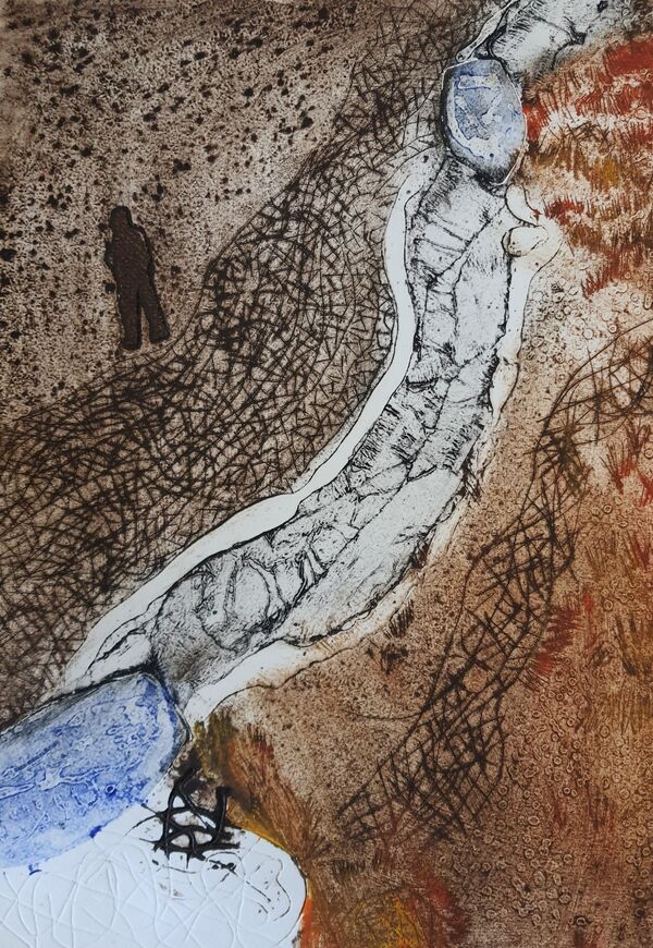 river flowing diagonally from right to left between brown cracked earth. A man is in silhouette in the top left portion of the picture