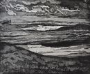 cloudy sky rough sea with sunlight rocky islets and a grassy foreground black and white
