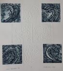 Eight squares, four are an inky blue 4 white on white each showing an abstract of a wave.