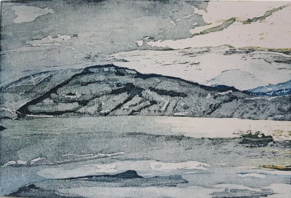 cold scene, mostly blues. fjord with mountains in the background and a little fishing boat to the right of the picture