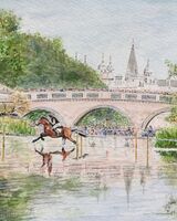 The Lion Bridge at Burghley House near Stamford. Designed in 1778 for 1,000 guineas by Lancelot “Capability” Brown along with other works including landscaping the grounds and creating the shallow lake (now with a causeway), with beyond it the great Elizabethan house of Lord Cecil.