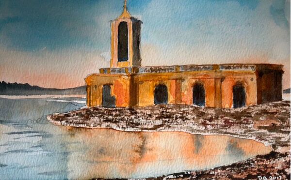 Normanton Church from the south east, watercolour by David Burley