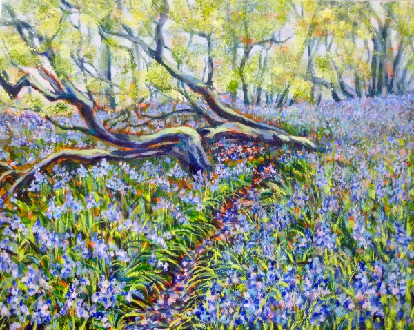 APRIL Bluebells Rutland Water. Acrylic by Carolyn Siddall