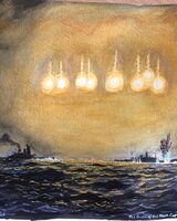 The Battle of the North Cape in the North Atlantic inside the Arctic Circle near Norway, about 6.49pm 26th December 1943 - a further torpedo explosion on her bow leads to the sinking of the German battleship Scharnhorst under the Allied fleet’s eight star shells, with the loss of over 1,900 German crew