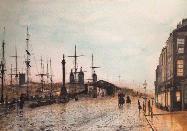 Hull Docks around 1882, evening. After John Atkinson Grimshaw