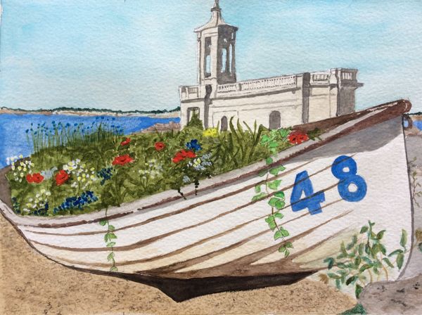 MAY 2020 - Flower Filled Boat by Rutland Water, watercolour by Barbara Bath