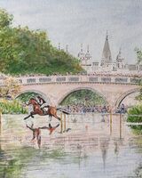 The Lion Bridge at Burghley House near Stamford. Designed in 1778 for 1,000 guineas by Lancelot “Capability” Brown along with other works including landscaping the grounds and creating the shallow lake (now with a causeway), with beyond it the great Elizabethan house of Lord Cecil.