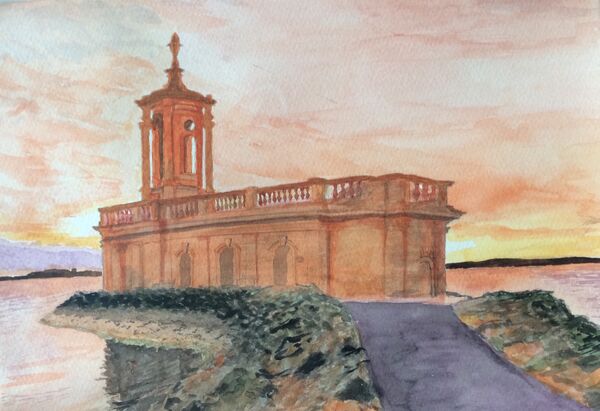 Midsummer sunset with Normanton Church, watercolour by Bruce Allison