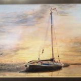 Moored quietly at sunset to the reeded river bank, and still sailing in May 2025 (my photo below) when I last sailed past her, the 58' Norfolk wherry Albion (after Neil Smalley artist at Ludham Bridge), built in 1898 and one of only two remaining wherries on The Broads still fitted out for trading, which worked with two crew and a single huge gaff sail on a high peak, capable in the early 1900's of carrying up to 42 tons of cargo e.g. cattle cake, wheat grain, ice, sugar beet, timber, coal, thatch reeds etc . <div class='inlineImage ArticleImageCenter autoimagewidth'><img class="photo" style="margin:0 auto" src="https://amazon.clikpic.com/oakhamartgroup/images/OAG_-_Wherry_Albion_-_seen_May_2025.jpg" width="600" alt="" height="800" /></div>