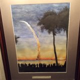 Florida 2001, dawn - crowds watch a space shuttle take off in a cloud of steam on a mission to construct the ISS (International Space Station)