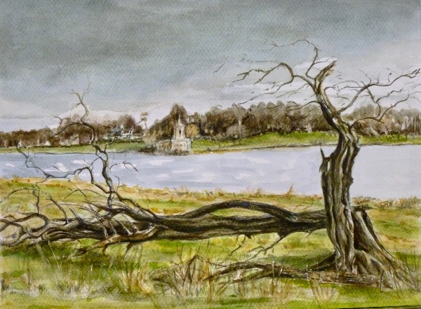 JANUARY Normanton Church from Hambleton Peninsular. Watercolour by Janine Atkins