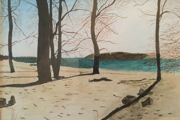 DECEMBER 2021 - Winter Shoreline, Rutland Water by Barbara Bath. Watercolour