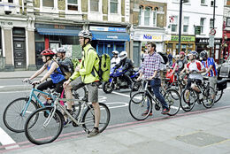 Cyclists in Advance Stop Lane, Angel, Islington