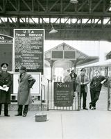 24 Derry Station on occasion of last train from Dundalk to Derry. Gda. Det. Edward Kavanagh in felt hat and coat.