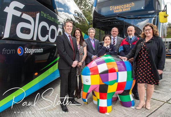 Publicity image for St Luke's Hospice and Stagecoach South West for the promotion of the Elmer campaign.