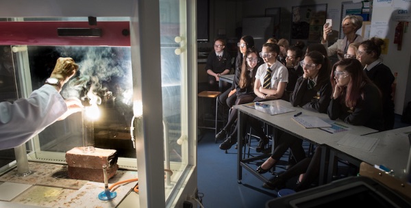 Science class for a Plymouth school prospectus showing the burning of magnesium.