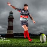 Plymouth Albion's Dan Mugford and the new away kit for the new season.