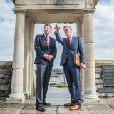 Mayflower 400 Committee Chief Executive Charles Hackett (r) with Parliamentary Under Secretary of State for Arts, Heritage and Tourism John Glen pictured at the Mayflower Steps, Plymouth re Mayflower 400 celebrations.