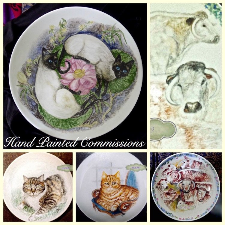 Cats and Cattle Hand Painted China Bowls.