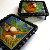 Hare Belles Printed Tiles mounted in "Blaksmiths" Trivets, £44.99 each. £5. P&P