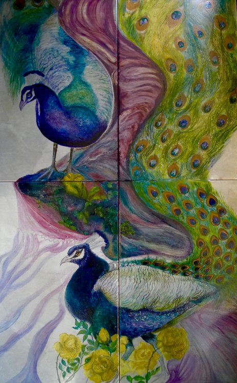 Peacocks on Tiles (Large Panel) Sold.