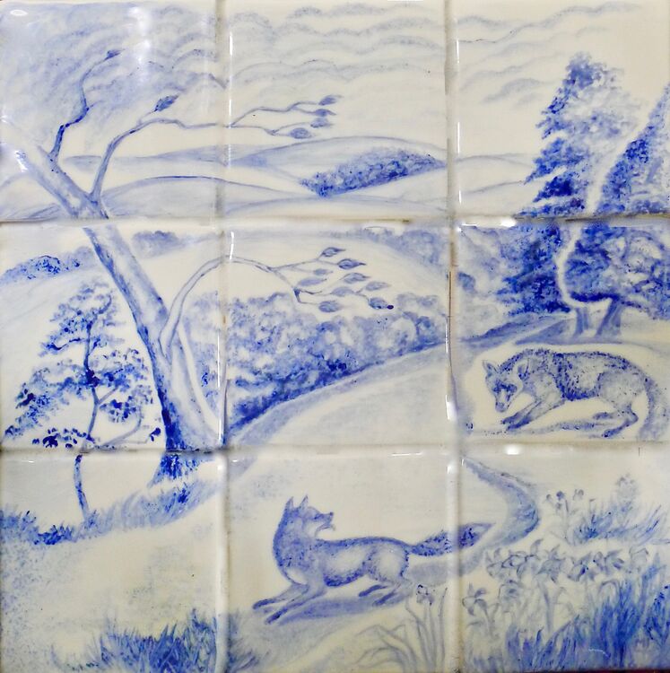 "Two Foxes" 9 Tile Backsplash. Original Hand Painted Tiles £145.00