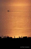 A fishing boat heads down the Messinian Gulf, at sunset, past Kardamyli.<BR><BR><BR><br><br><br><br><br><br>