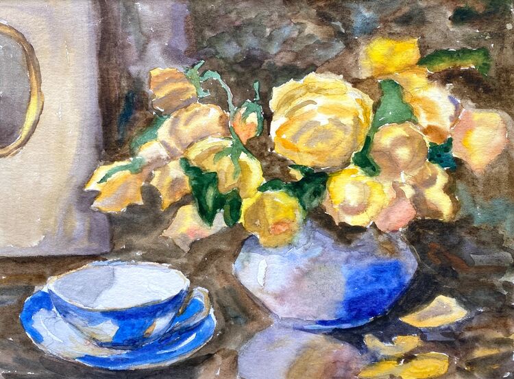 Yellow Roses in a blue vase