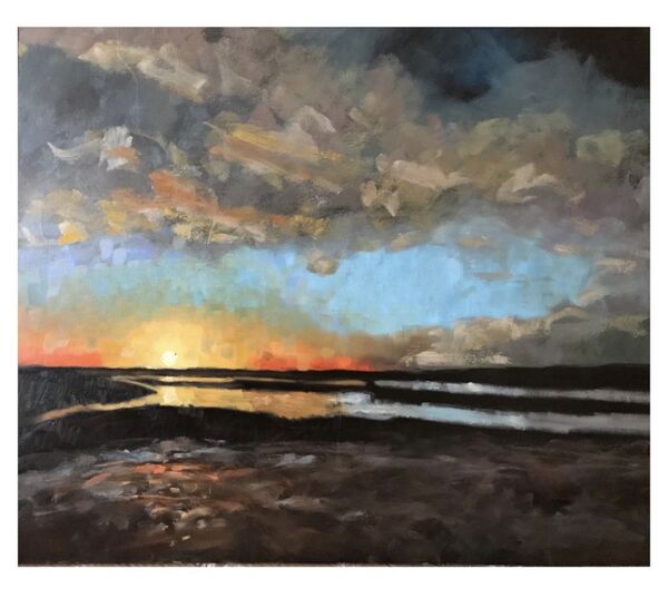 Brancaster Staithe Harbour (sold) expressive oil painting of sunset on Brancaster Staithe Harbour