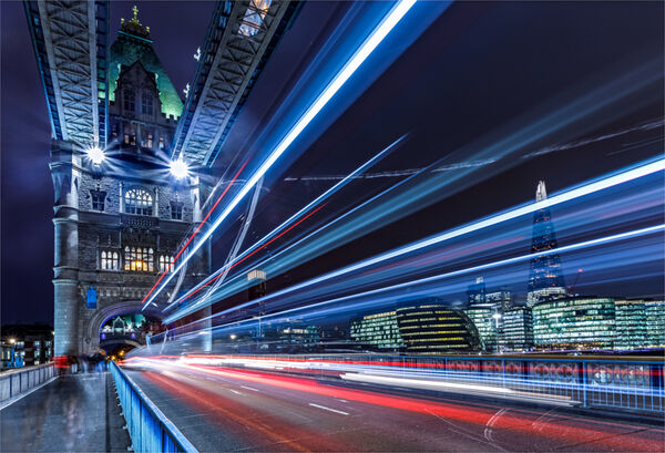 Bus trails on Tower Bridge