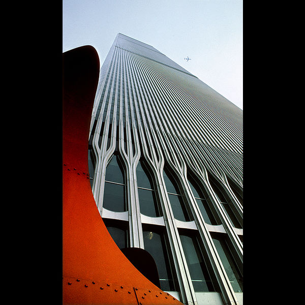 Twin Towers, New York, with an apocryphal aircraft overhead. c.1976