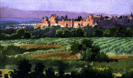 Evening light over Carcassonne castle in the Tarn SW France.Watercolour