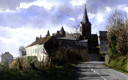 Hot sunny day at Lunac, SW France. Watercolour