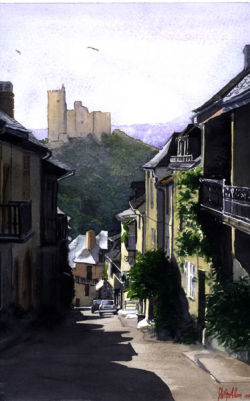 The historic village of Najac in the Aveyron department of France.Watercolour