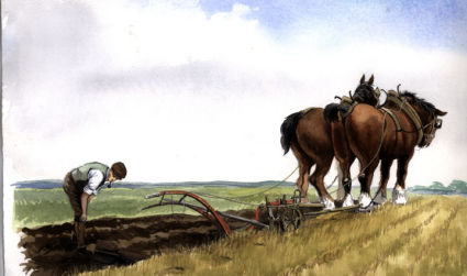 An unexpected bomb turned over by the plough.Watercolour