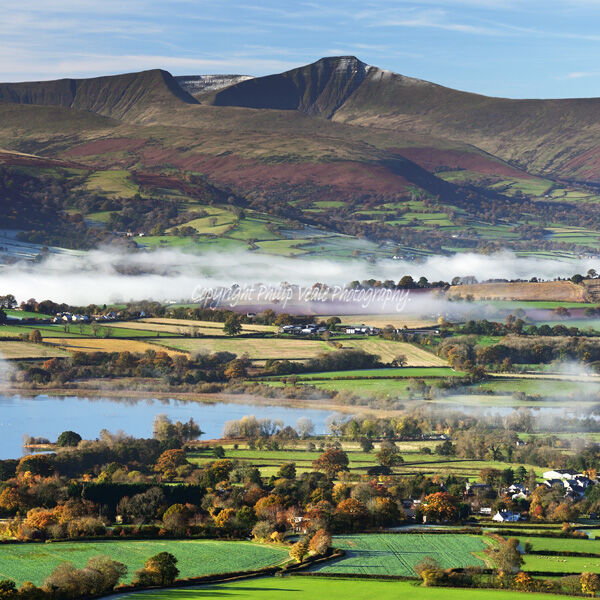 Brecon Beacons Llangorse Lake autumn mist drifting across valley floor