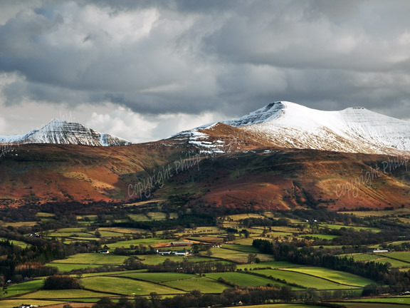 Snow covers Pen y Fan, Cribyn and Corn Du.