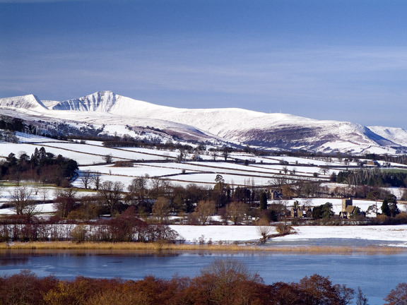 Llangorse Lake and Brecon Beacons in Winter.