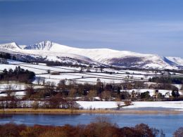 Llangorse Lake and Brecon Beacons in Winter.