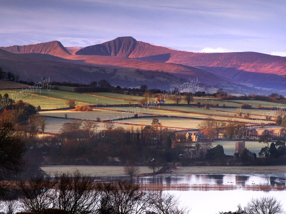 Dawn, Llangorse Lake and the Brecon Beacons.