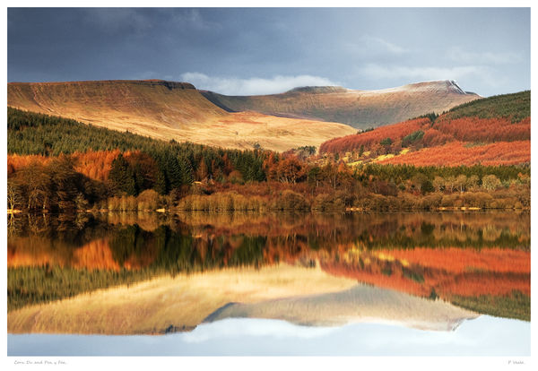 Reflection of Corn Du and Pen y Fan in Autumn. A near perfect reflection of Corn Du and Pen y Fan in the calm water of Pentwyn Reservoir, the Brecon Beacons National Park.