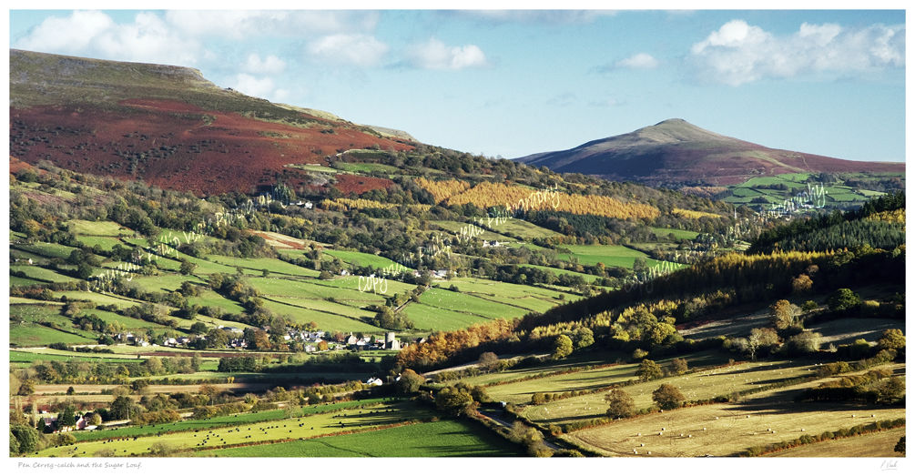 Sugarloaf and Pen Cerrig Calch in Autumn.